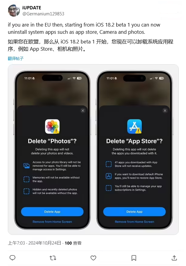 梁子湖苹果手机维修分享iOS 18.2 支持删除 App Store 应用商店 