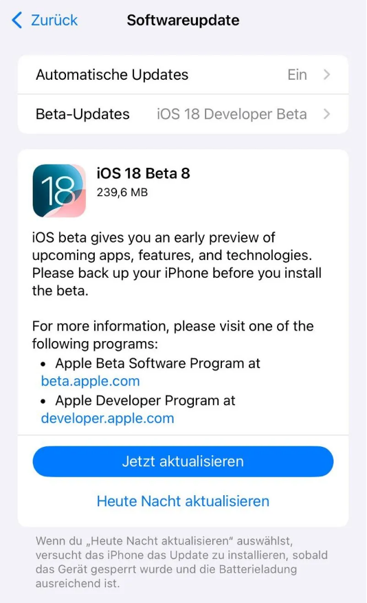 梁子湖苹果手机维修分享苹果 iOS / iPadOS 18 开发者预览版 Beta 8 发布 